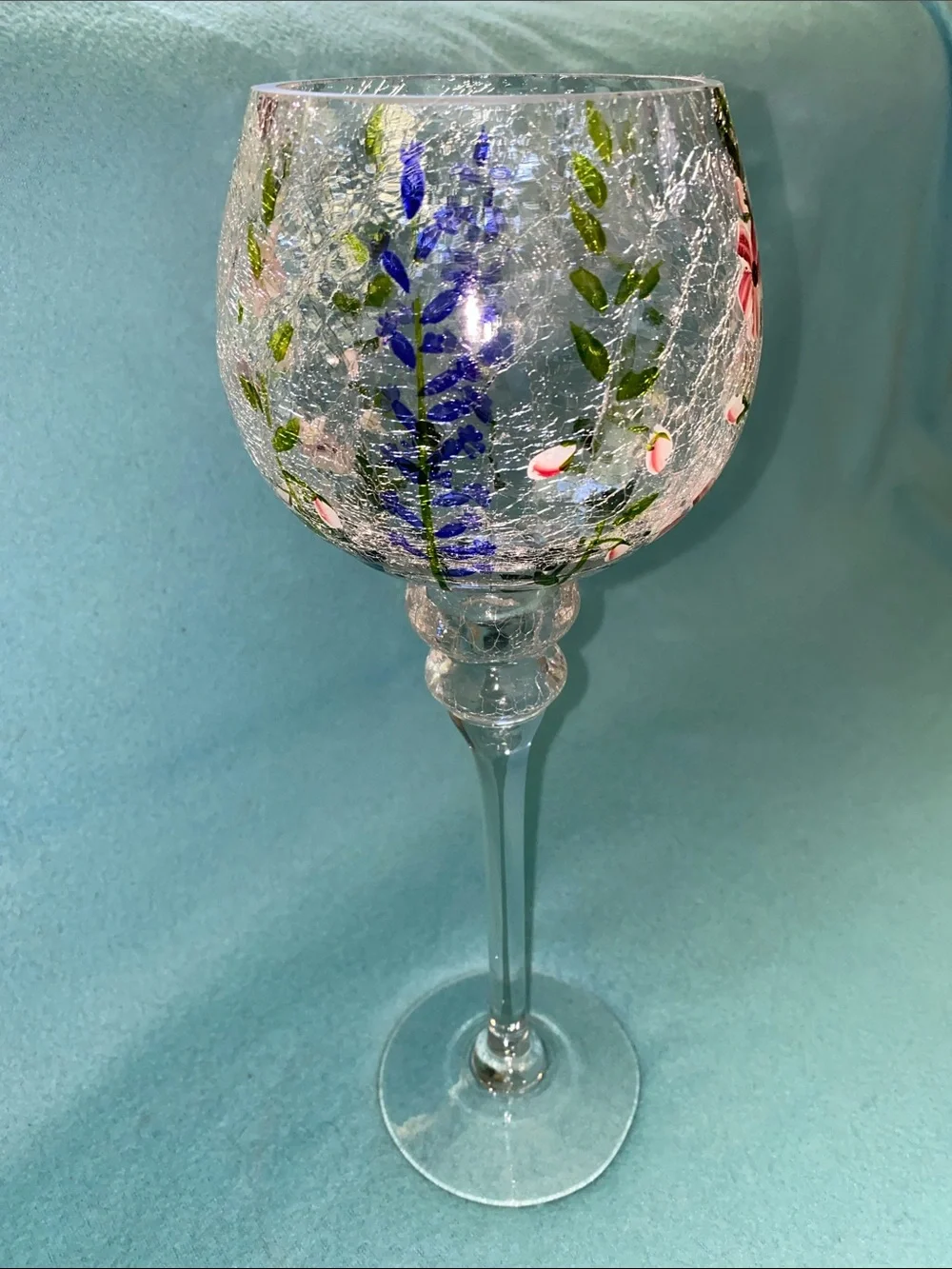YANKEE CANDLE hand painted floral crackle glass vintage votive holder size 14”